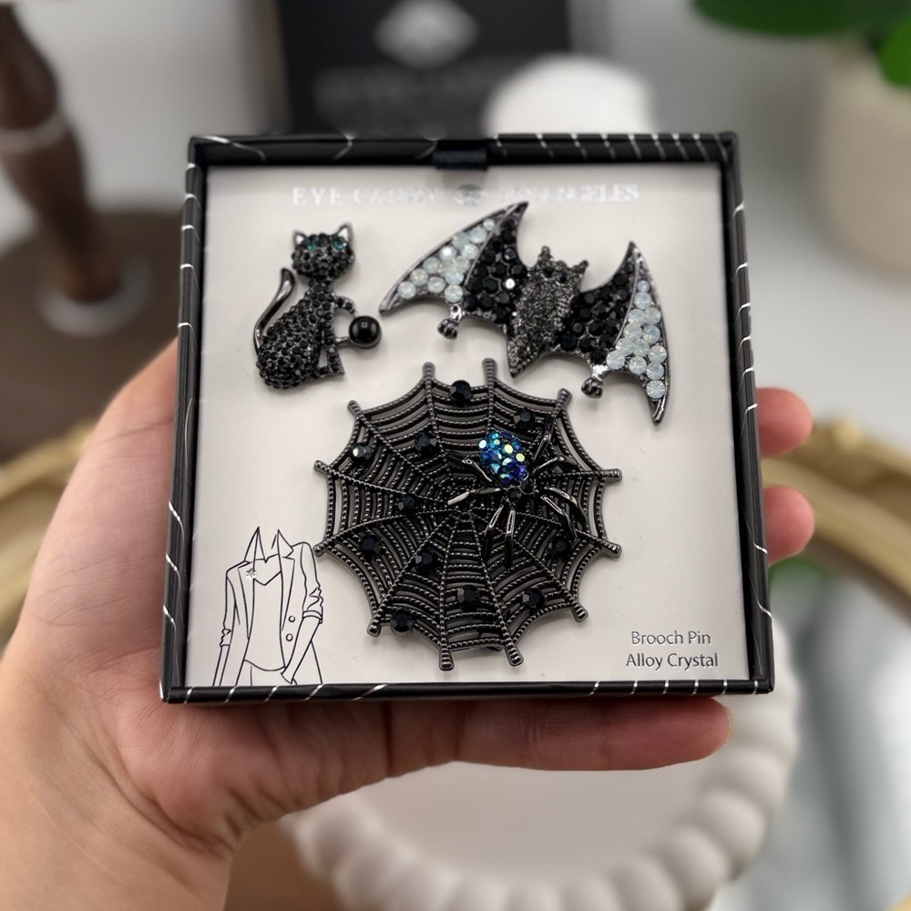Gothic  Brooch Set – Black Cat, Bat & Spider Web Crystal Pins